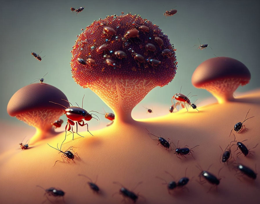 Fantasy illustration: Oversized ants near mushroom-like structures on textured orange background