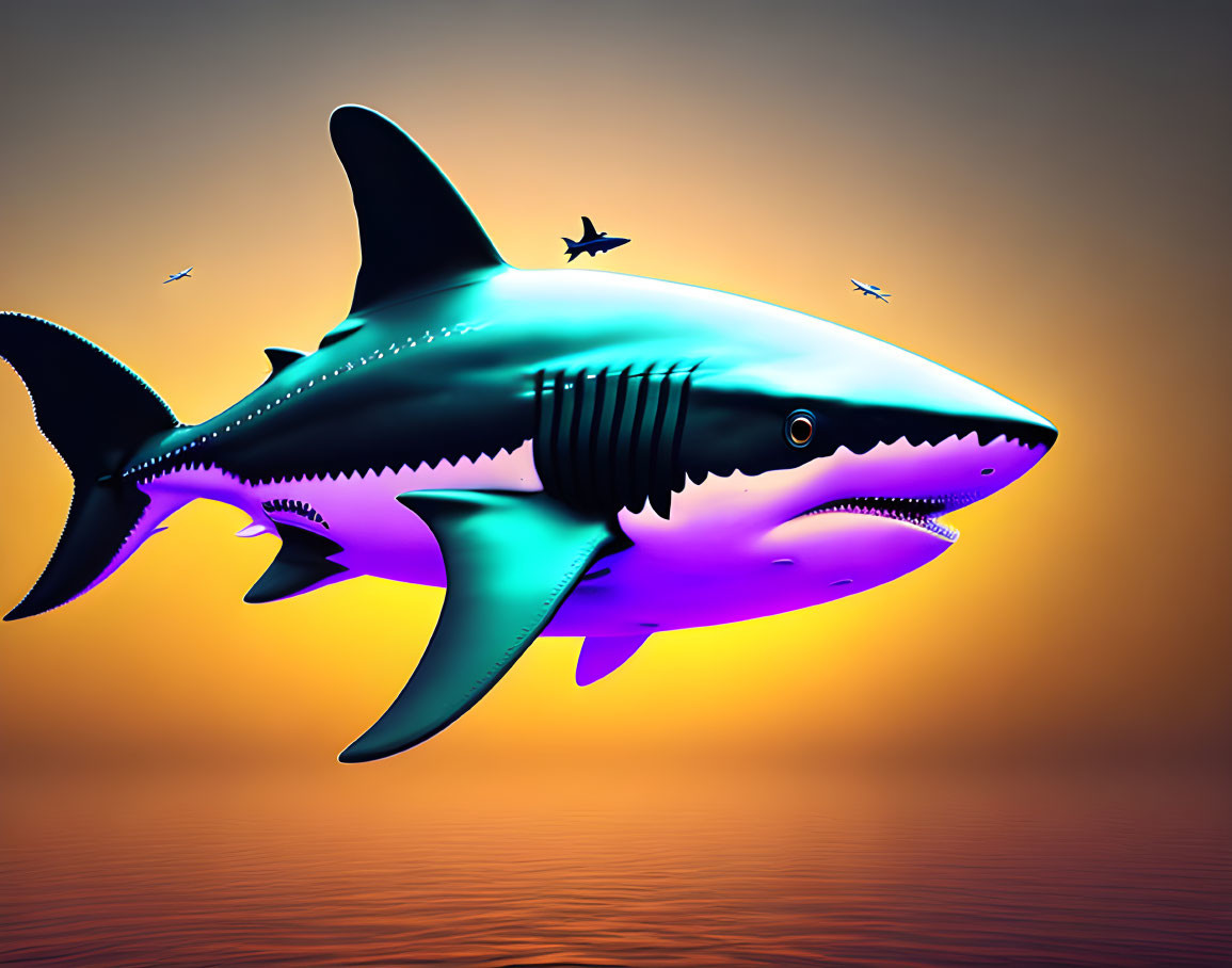 Stylized shark digital art on warm sunset gradient background