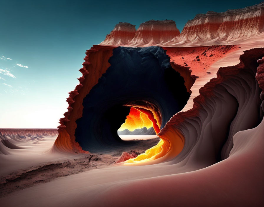 Desert cavern with red rock formations, sand dunes, and glowing tunnel.