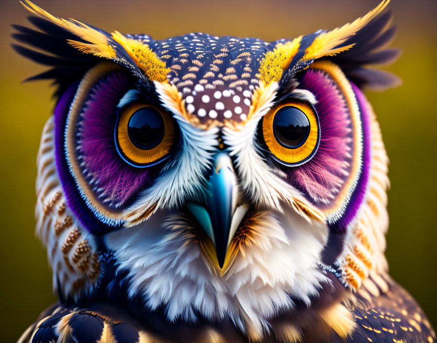 Colorful Close-Up Image of Owl with Orange, Yellow, Purple Feathers