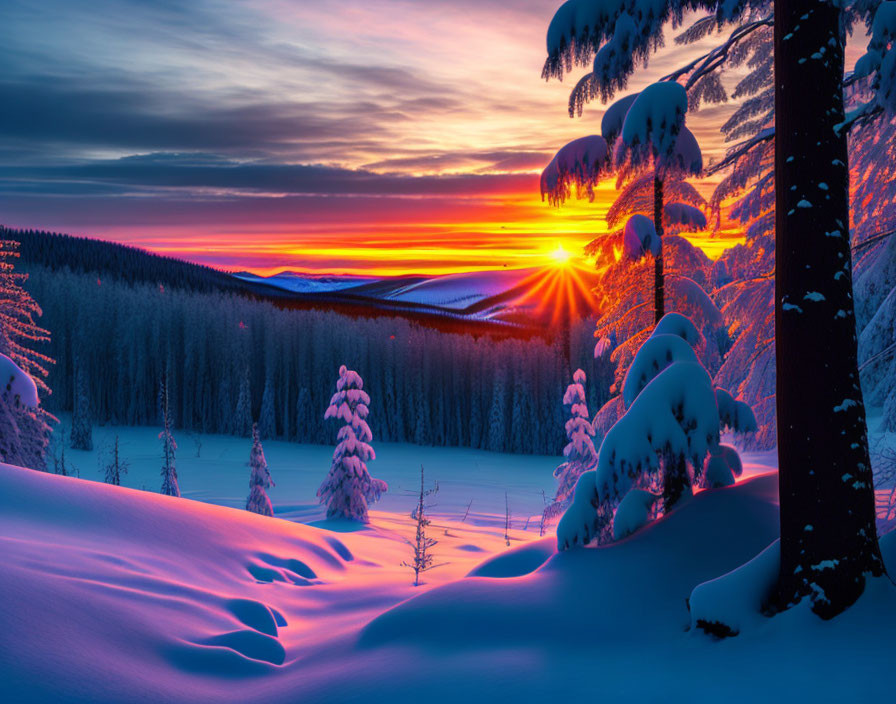 Winter Sunset: Snowy Landscape with Silhouetted Trees & Colorful Sky