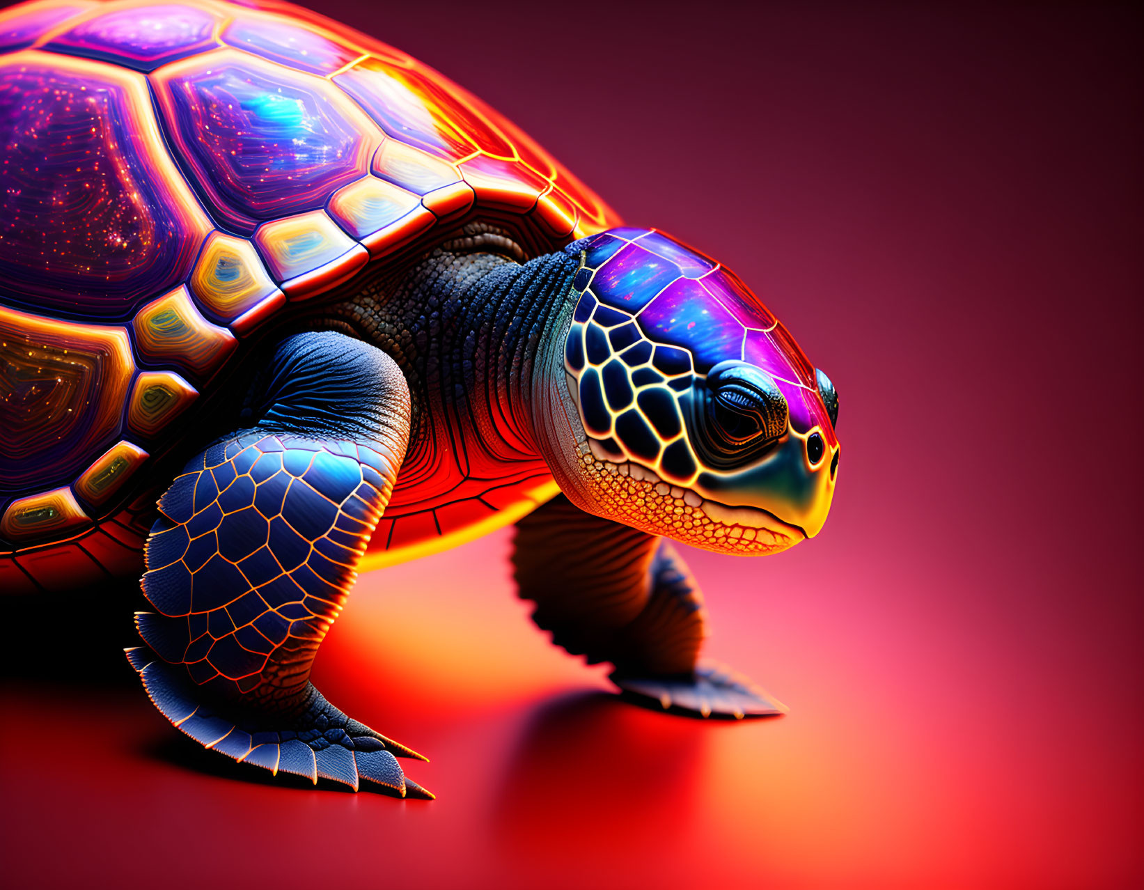 Vibrant neon-lit turtle on warm red backdrop