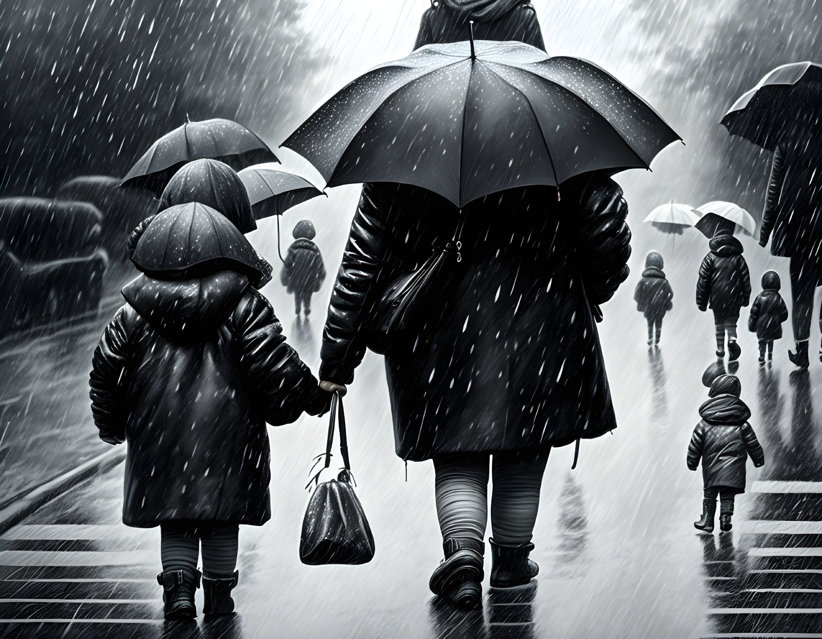 Monochrome photo of people with umbrellas on rainy street