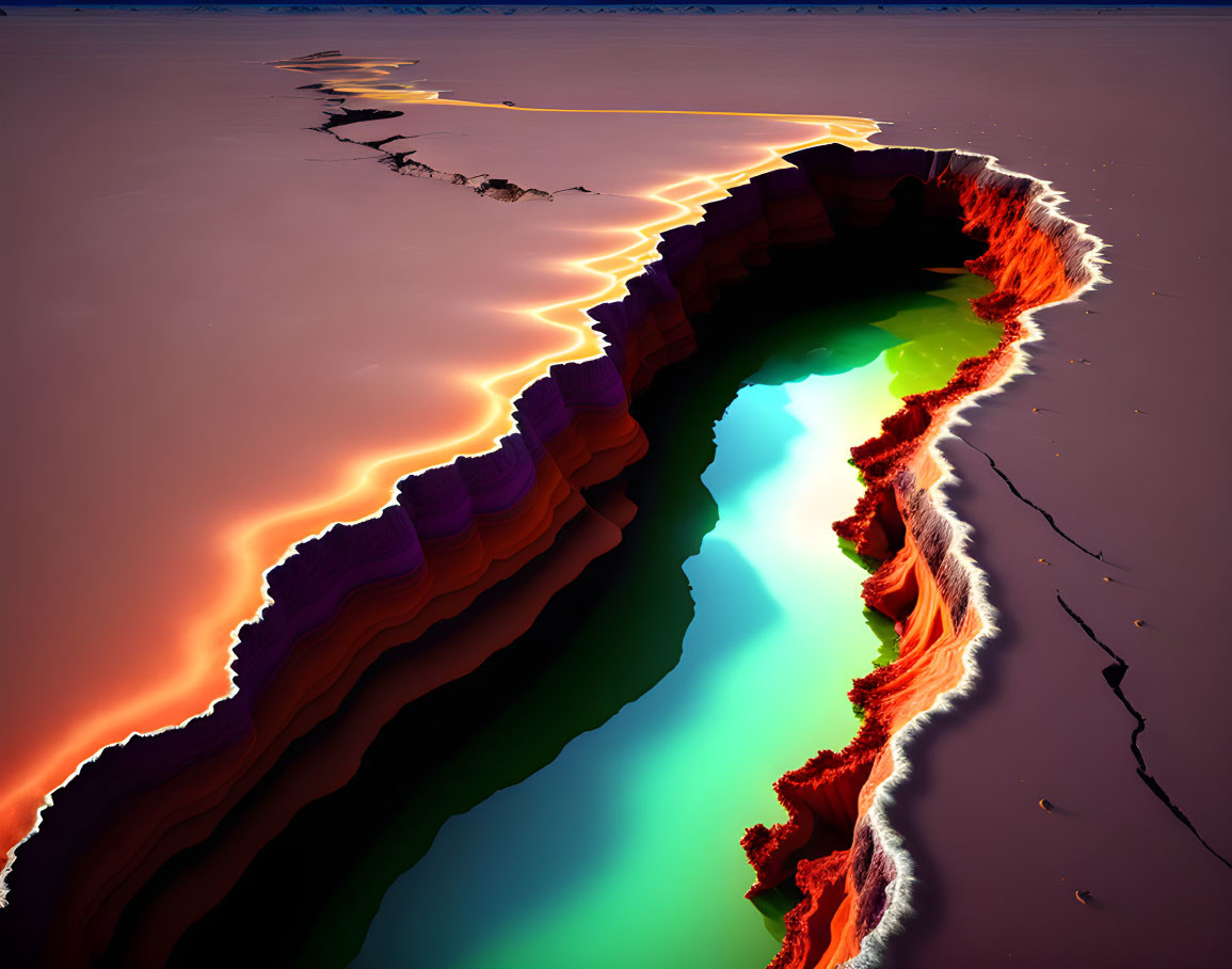 Vividly colored digital art: Meandering river in surreal landscape