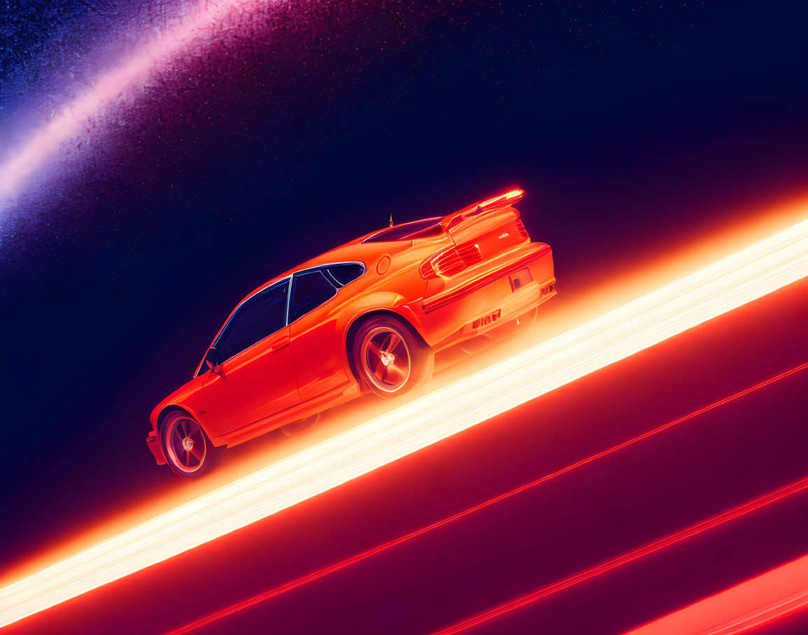 Neon-lit orange sports car speeding on glowing track