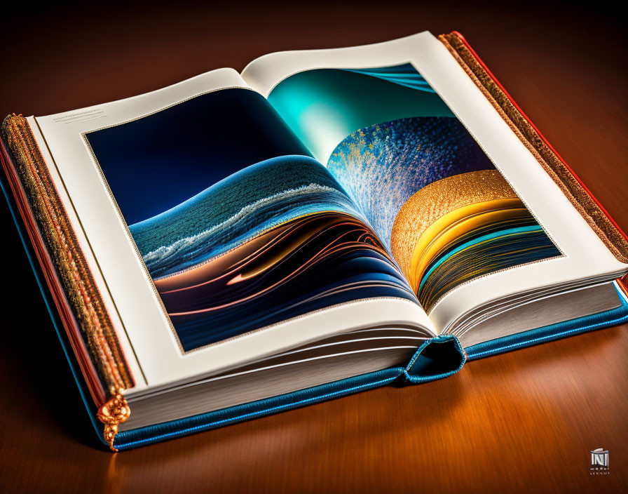 Hardcover book with glossy color photos of abstract designs on wood surface