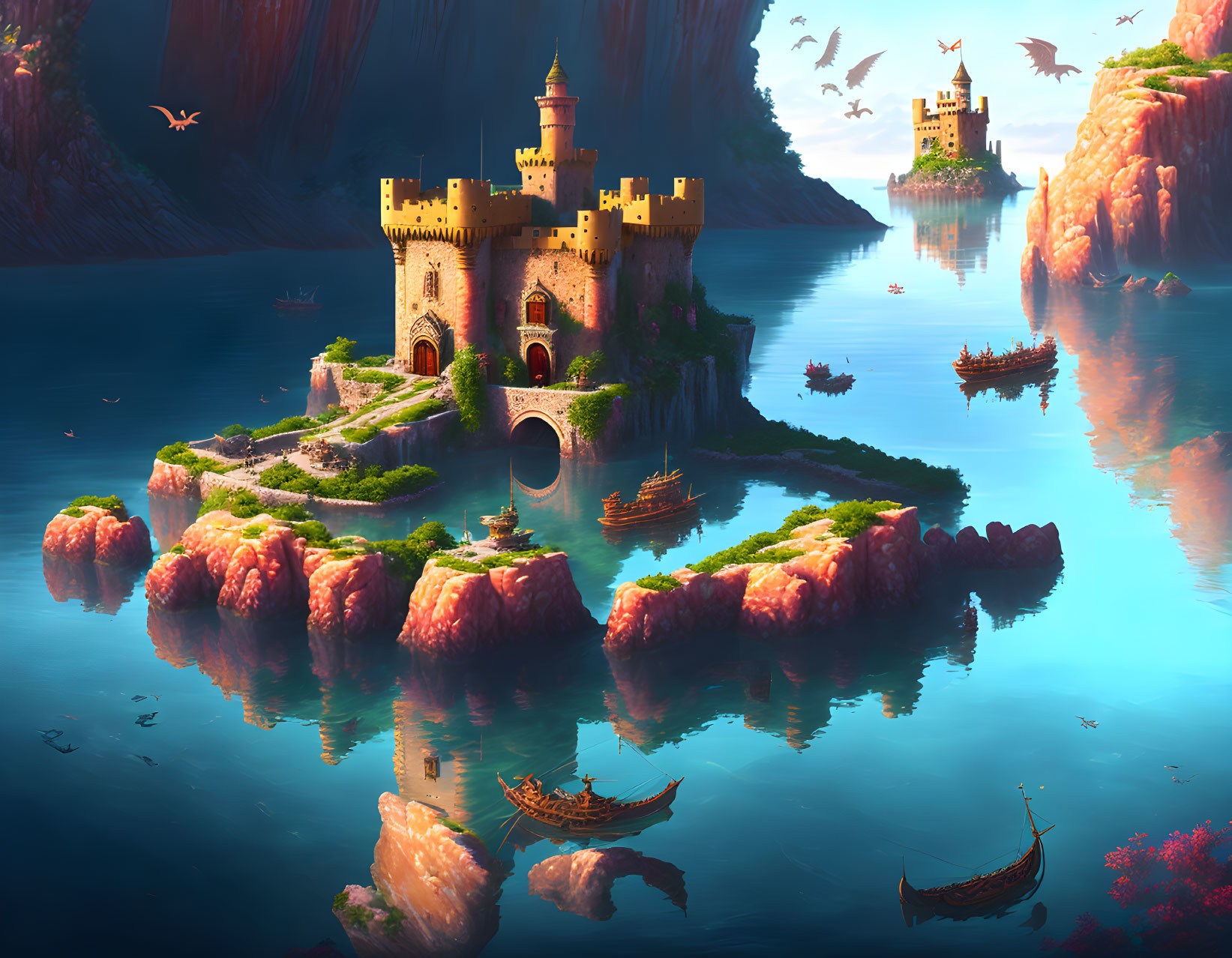 Fantasy castle on island with water, boats, birds, cliffs, distant castle