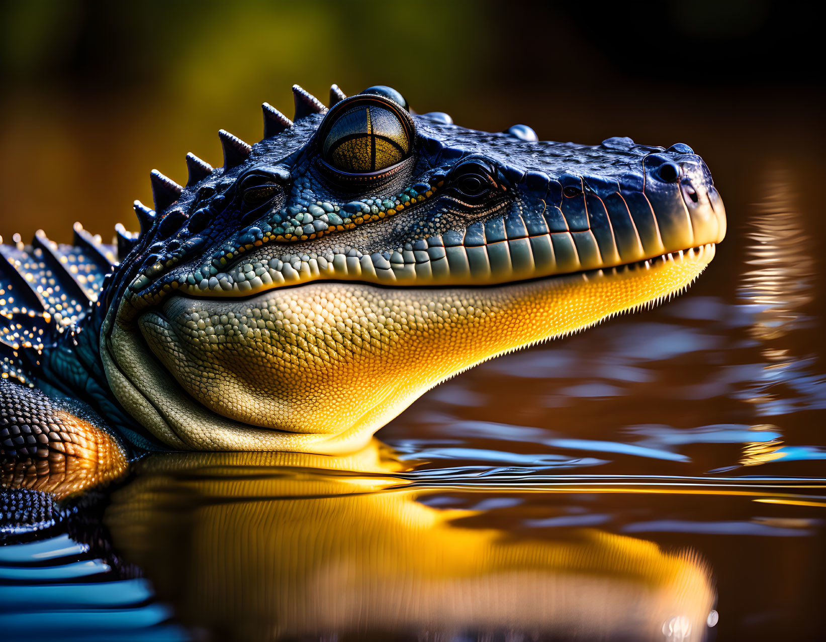 Crocodile head above water with sunset reflections