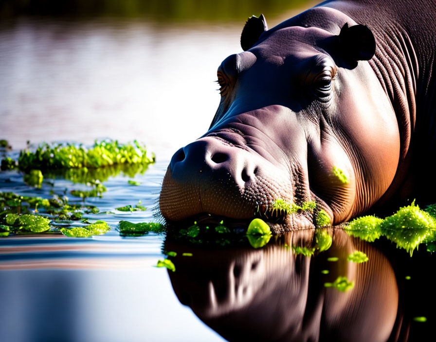 Partially Submerged Hippopotamus Surrounded by Water Plants