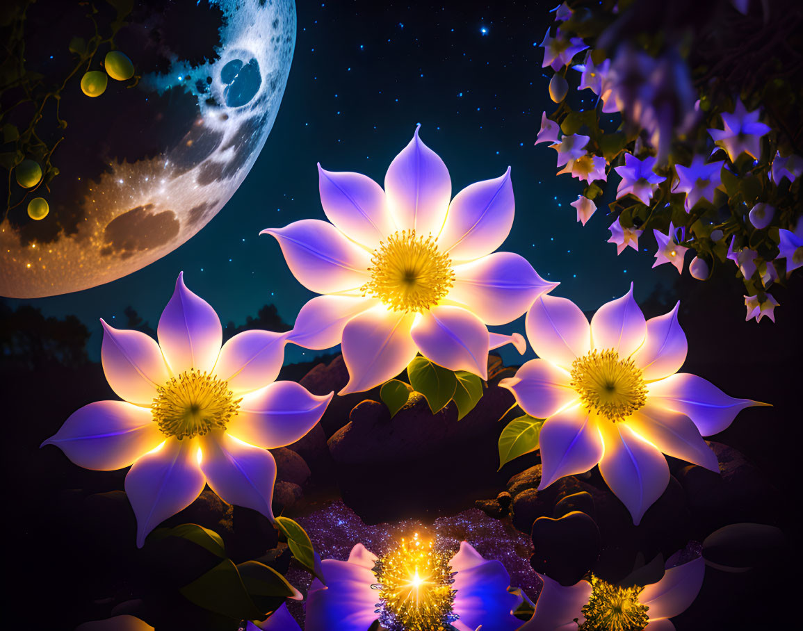 Night scene with illuminated lotus flowers, moon, stars, and foliage