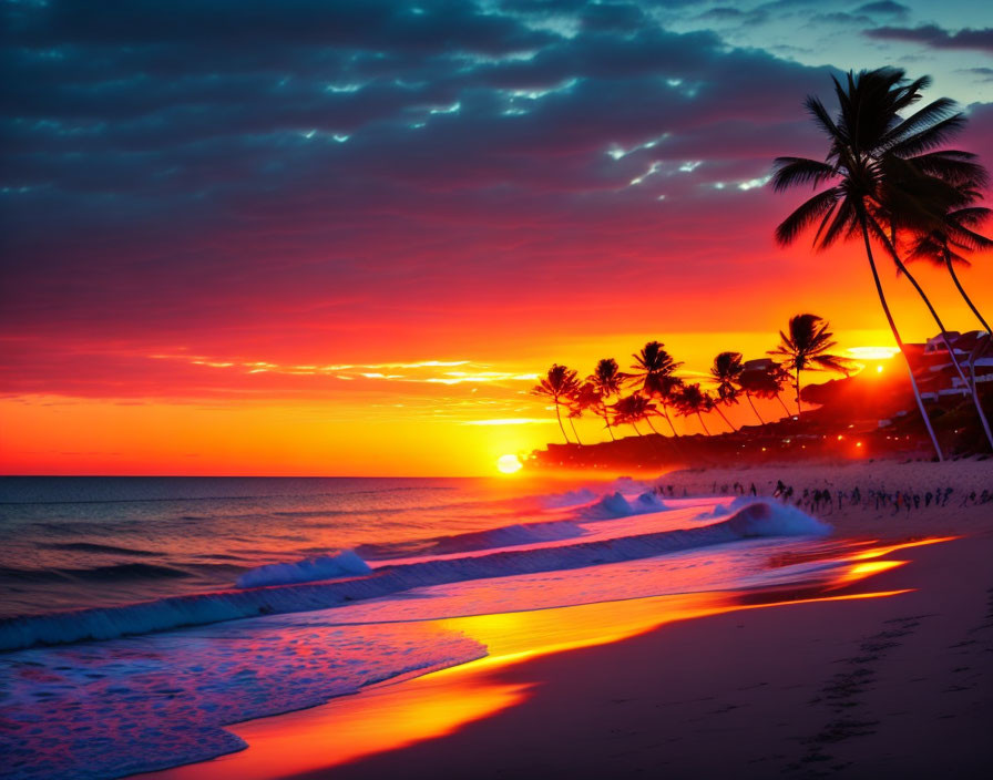 Colorful Sunset Beach Scene with Silhouetted Palm Trees