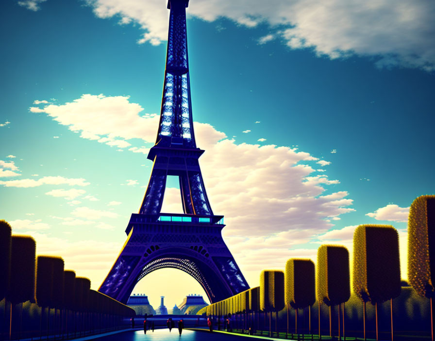 Stylized dusk scene with Eiffel Tower silhouette, people, and trees under blue sky