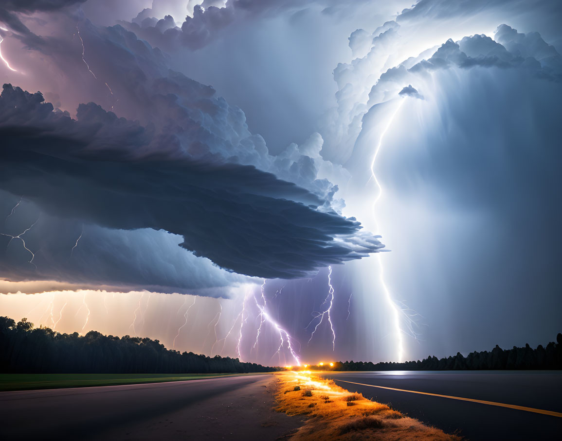 Intense lightning strikes in dramatic night thunderstorm