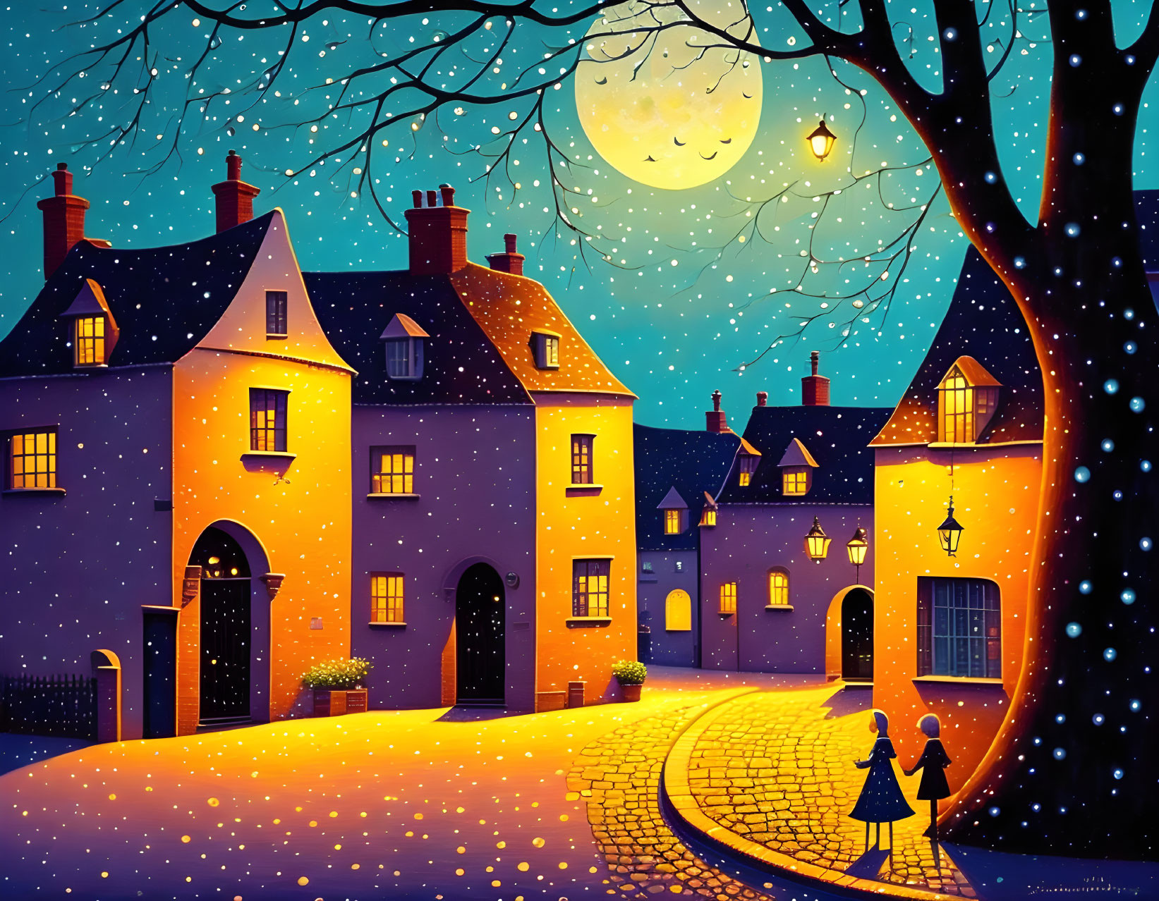 Cozy Moonlit Village Street with Children and Autumn Leaves