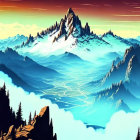 Majestic mountains, river valley, evergreens under twilight sky