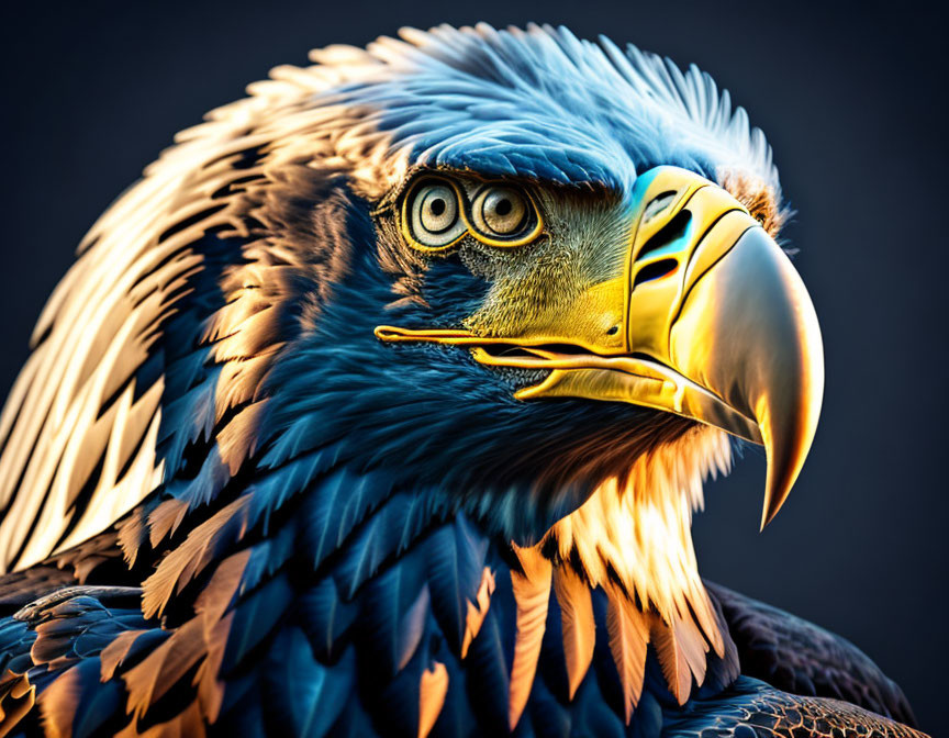 Majestic eagle with vibrant blue feathers and yellow beak on dark background