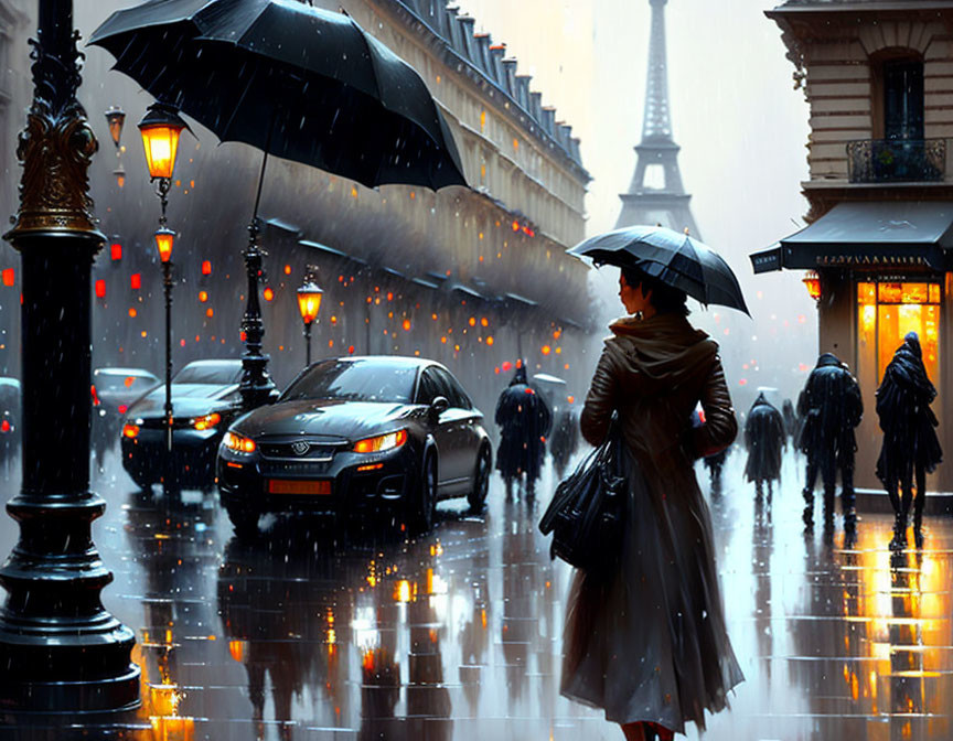 Rainy Paris Street Scene with Eiffel Tower and Umbrella