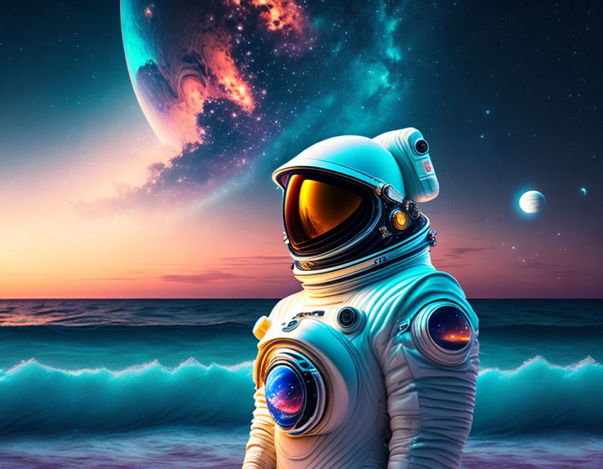 Astronaut on shore gazes at alien planet rising above horizon