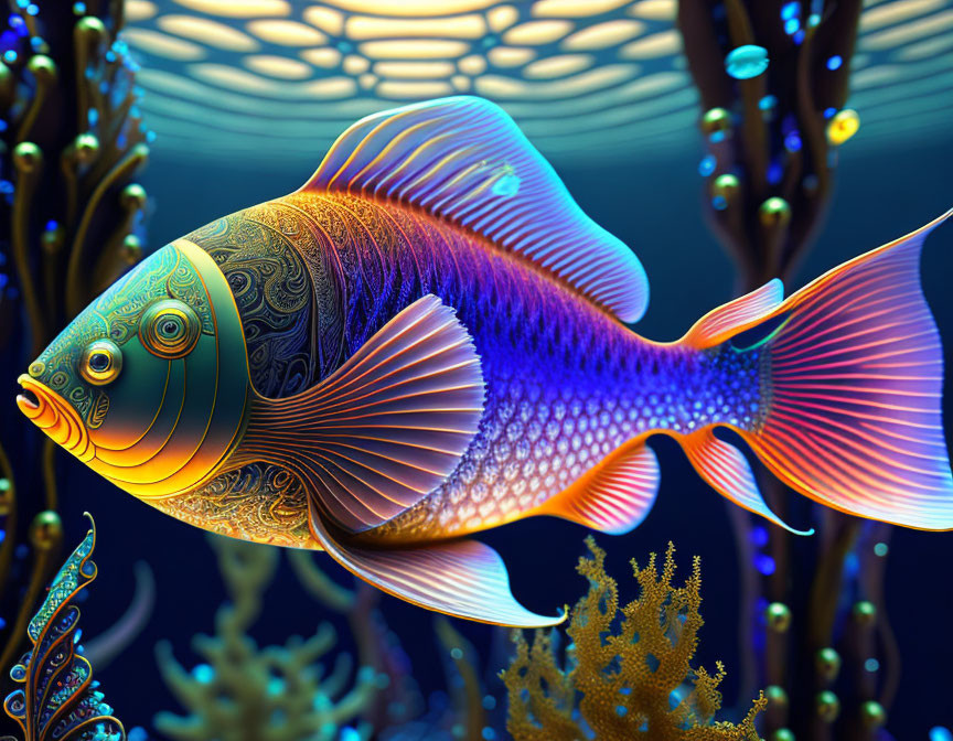 Colorful Ornate Fish Swimming Among Vibrant Underwater Flora