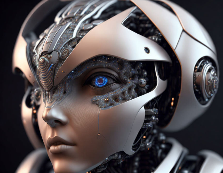 Detailed Futuristic Robot Head with Blue Eye