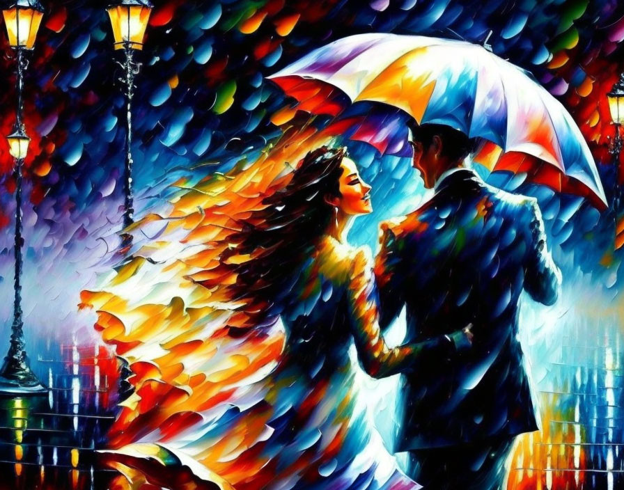 Colorful Impressionistic Painting of Couple Under Umbrella