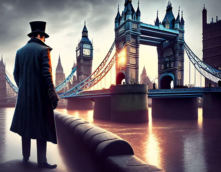 Man in top hat and overcoat at Tower Bridge with Big Ben in background at dusk