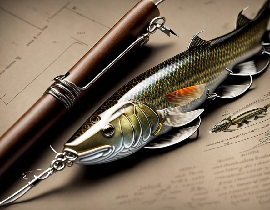 Detailed Fish-Shaped Lure with Metallic Elements and Fishing Rod on Schematic Background