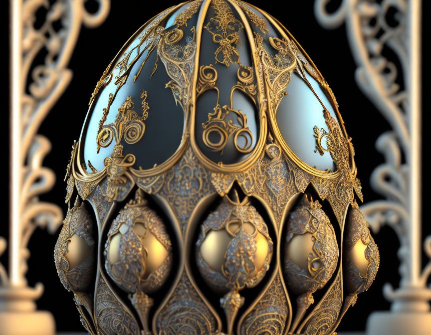 Golden Filigree Egg Surrounded by Smaller Eggs on Dark Background