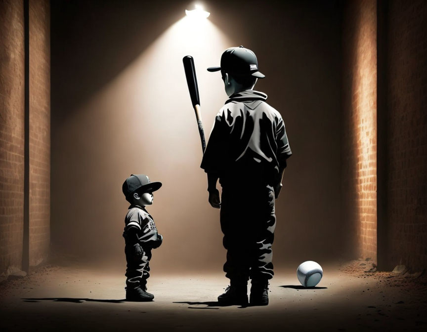 Child and adult in baseball attire with bat and ball in dimly lit alley