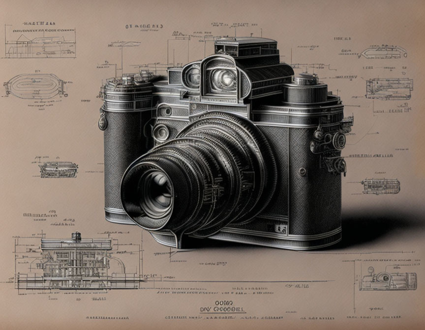 Vintage Camera Illustration Overlaying Schematic Design Plans