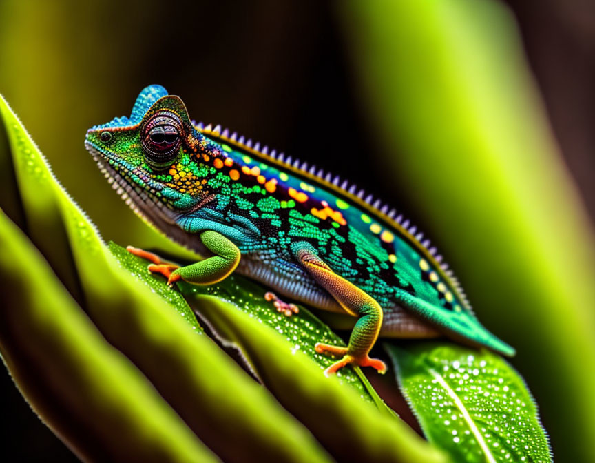 Vibrant Chameleon with Blue, Green, and Orange Patterns on Green Leaf