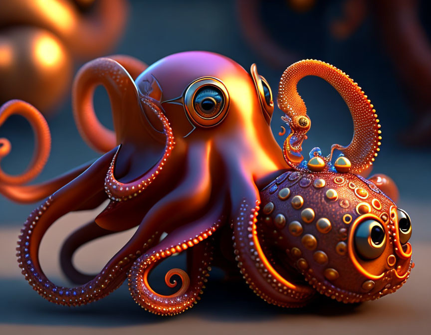 Orange octopus holding a stylized spherical object in 3D render