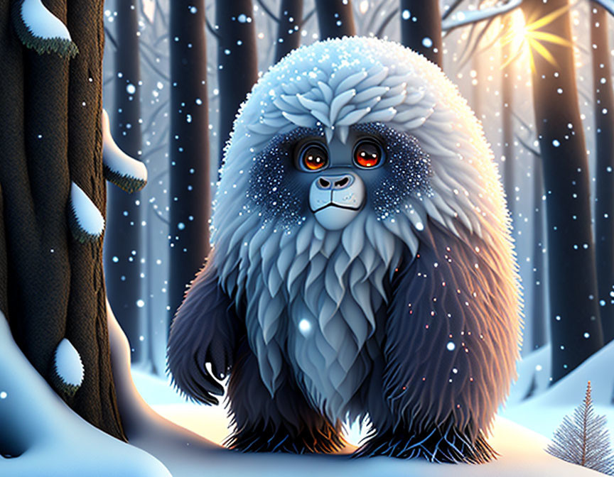 Fluffy Yeti Creature in Snowy Forest Scene