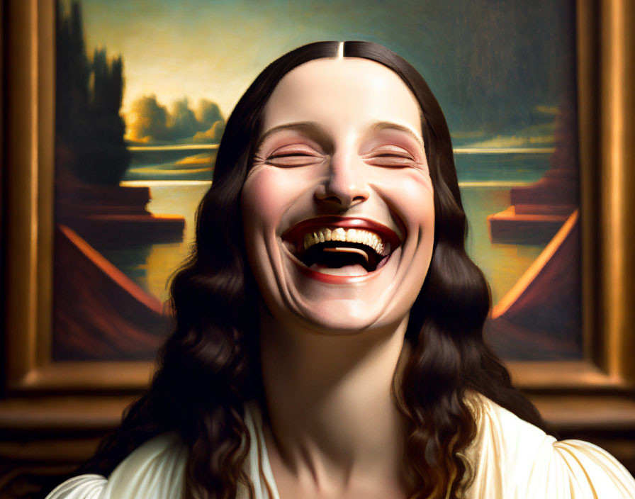 Hyper-realistic painting of a woman laughing with vibrant colors, resembling Mona Lisa's backdrop