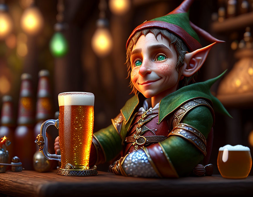 Smiling elf with pointed ears holding beer in cozy tavern