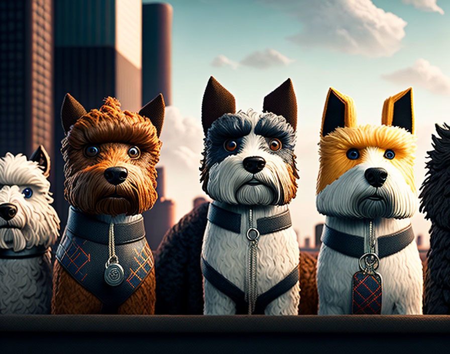 Five dogs in collars and ties with human-like expressions against city skyline.