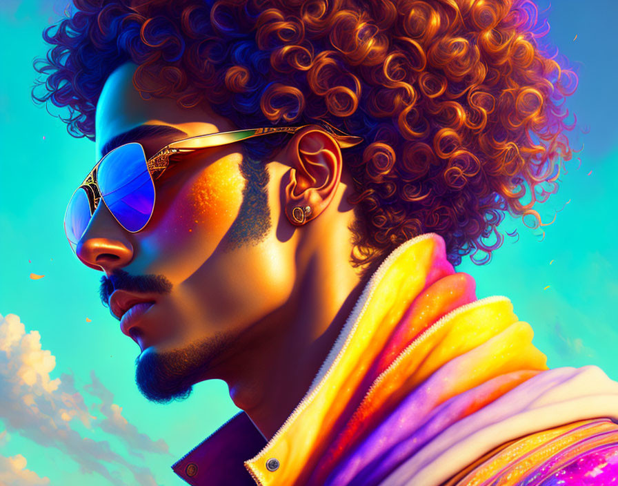 Man with Curly Hair in Aviator Sunglasses and Vibrant Jacket in Surreal Sky Scene