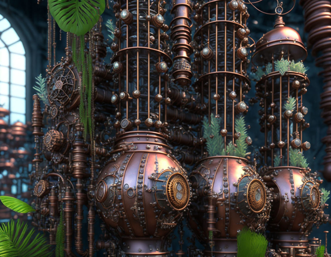 Intricate steampunk mechanical spheres in lush greenery-filled grand hall