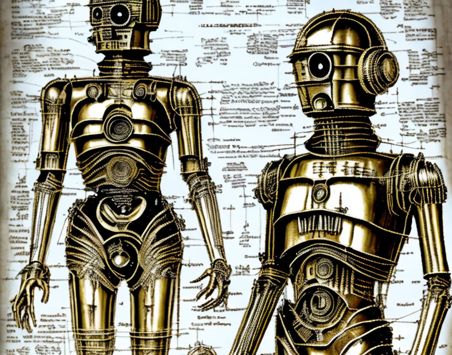 Vintage-Style Robot Illustration with Mechanical Details and Schematics