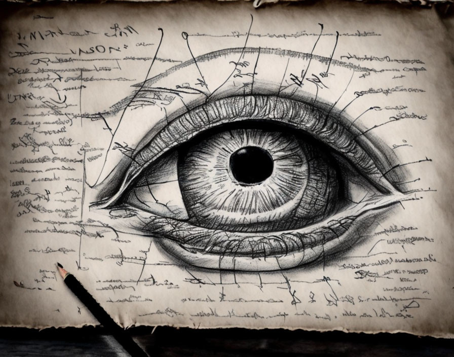 Detailed Human Eye Sketch with Annotations on Aged Parchment