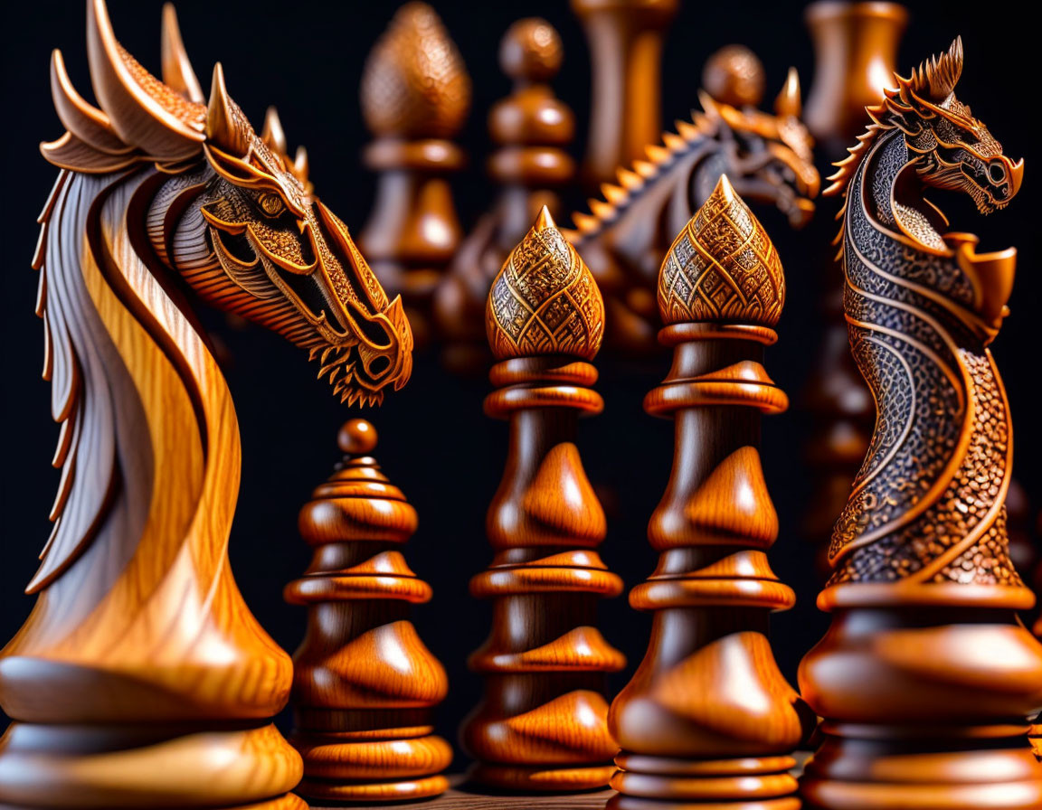 Dragon-themed wooden chess set with intricately carved pieces on dark background