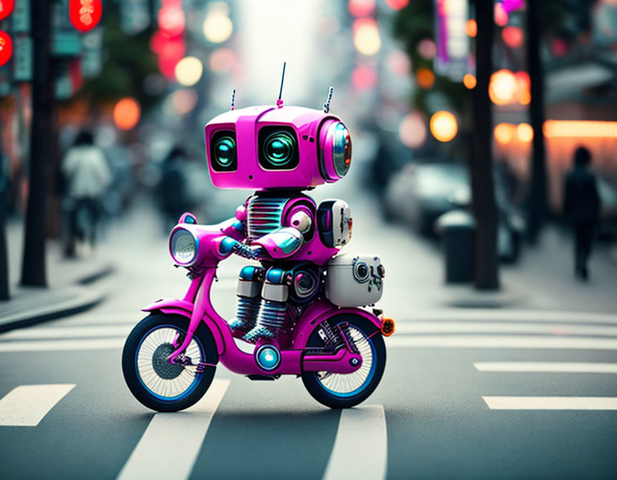 Whimsical pink robot on pink motorcycle in city scene