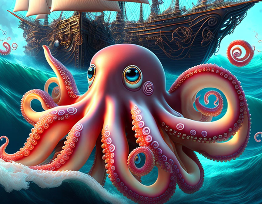 Whimsical octopus art confronting sailing ship