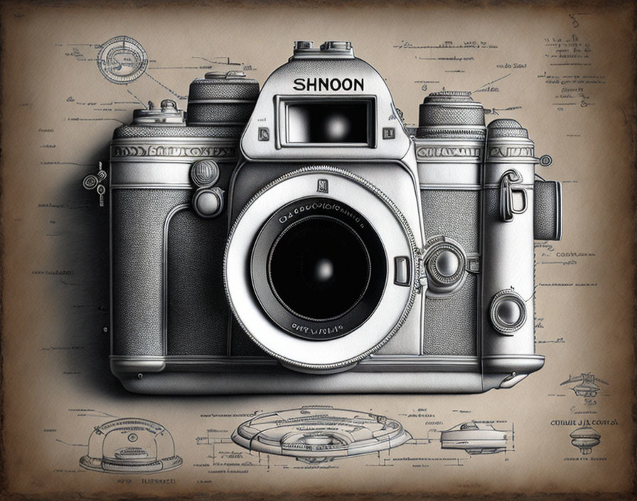 Detailed Vintage Camera Drawing with Schematics and Annotations on Brown Parchment