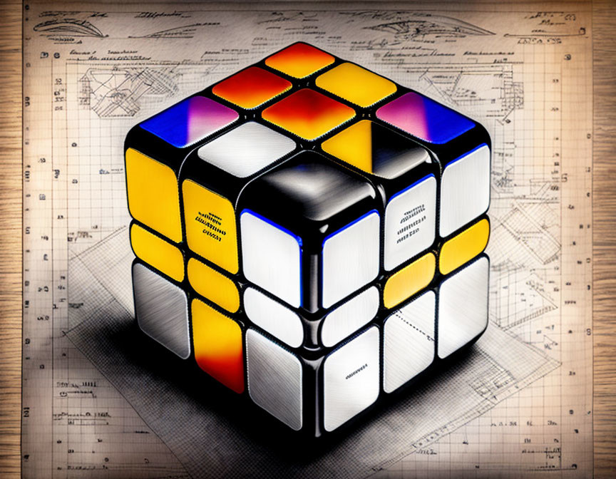 Rubik's Cube on Engineering Blueprints with Vignette Effect