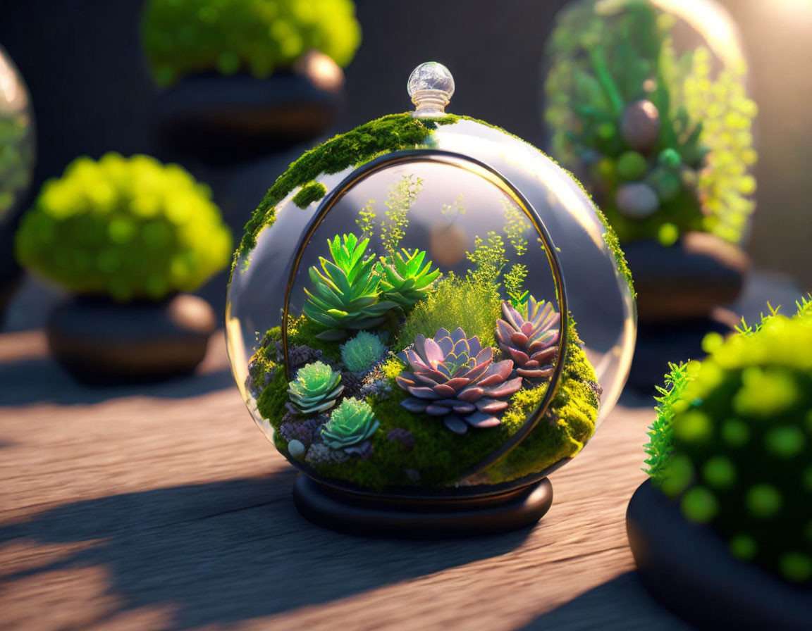 Succulent terrariums on wooden surface in sunny setting