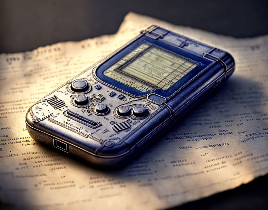 Vintage Blue PDA with Stylus, Buttons, and Screen on Paper under Warm Light