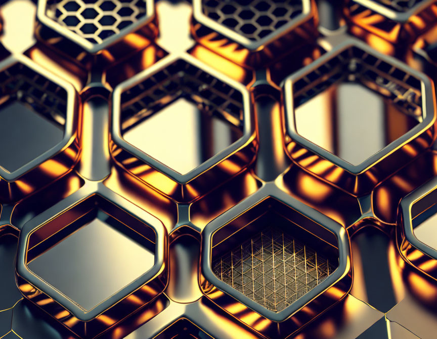 Interconnected golden hexagons with metallic sheen in abstract composition