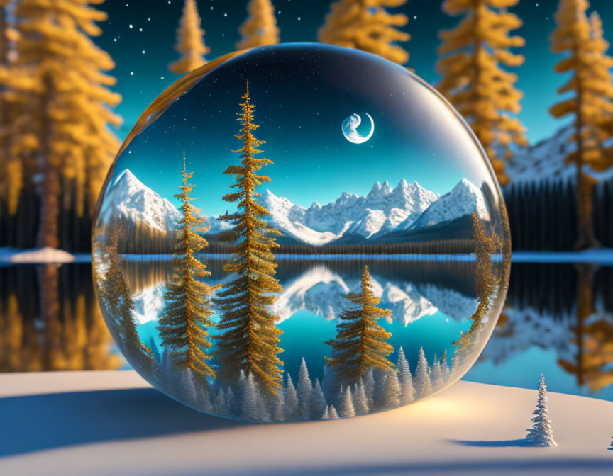 Surreal landscape with crystal ball, twilight scene, evergreen trees, lake, snowy mountains,