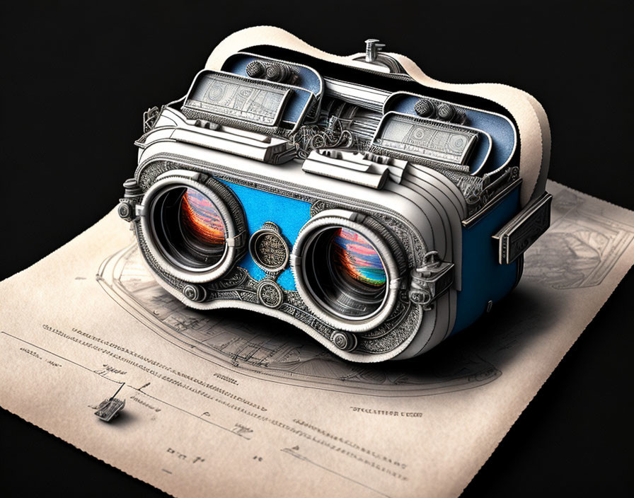 Intricate Retro-Futuristic Binoculars with Blue Accents on Engineering Schematics